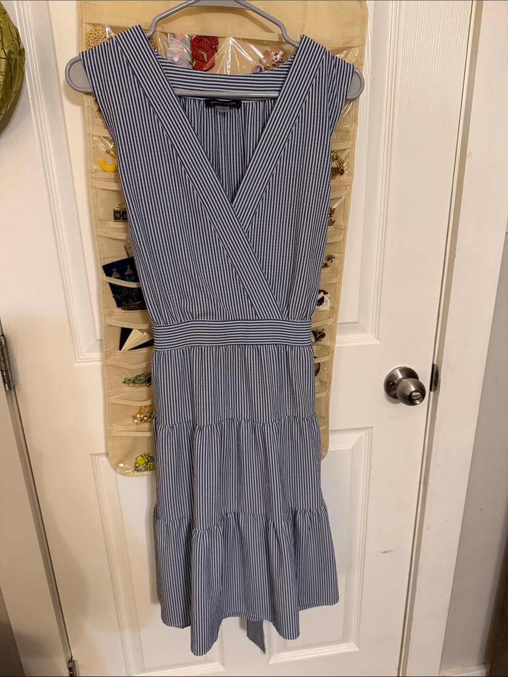 Tommy Hilfiger Navy and White Striped V-Neck Tiered Midi Dress